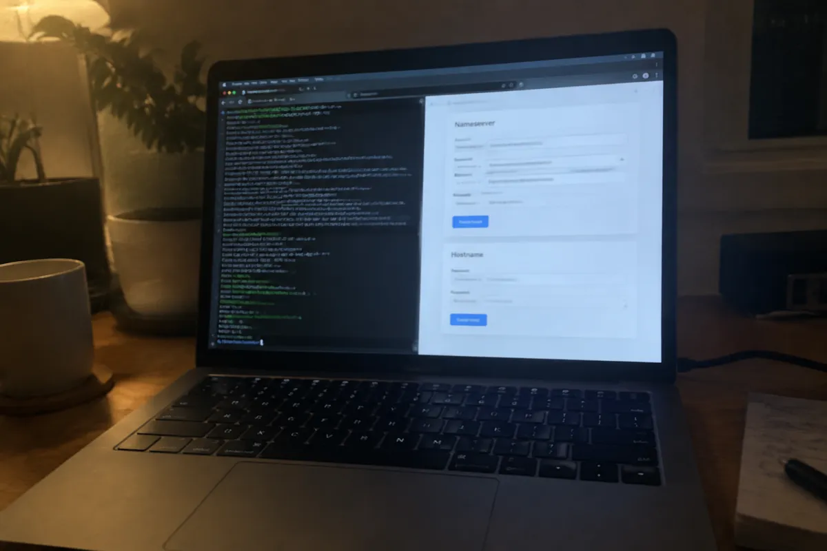 a phone held up photographing a laptop showing a server terminal and a nameserver and hostname settings form, evening techy desk, screen sli