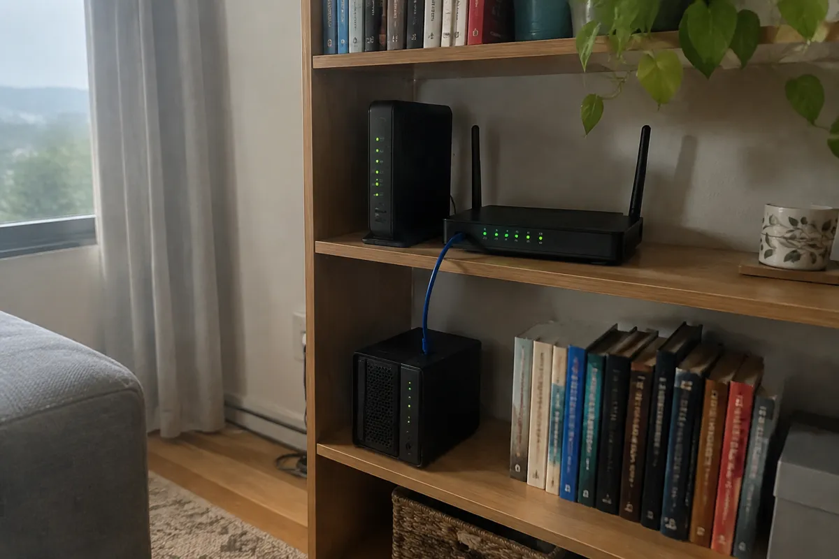 a modem and router on a bookshelf with small green lights and a network cable running down to a small mini server