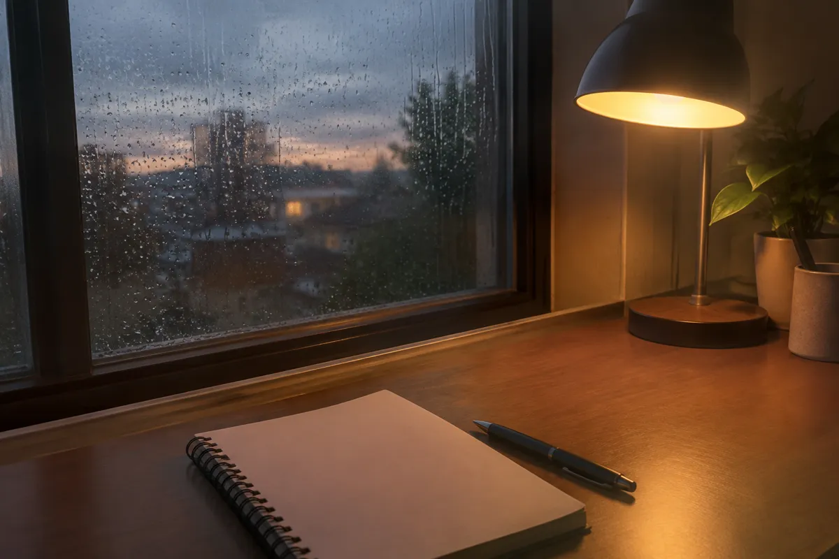 a rainy window beside a desk lamp, a notebook and a pen on a desk at dusk