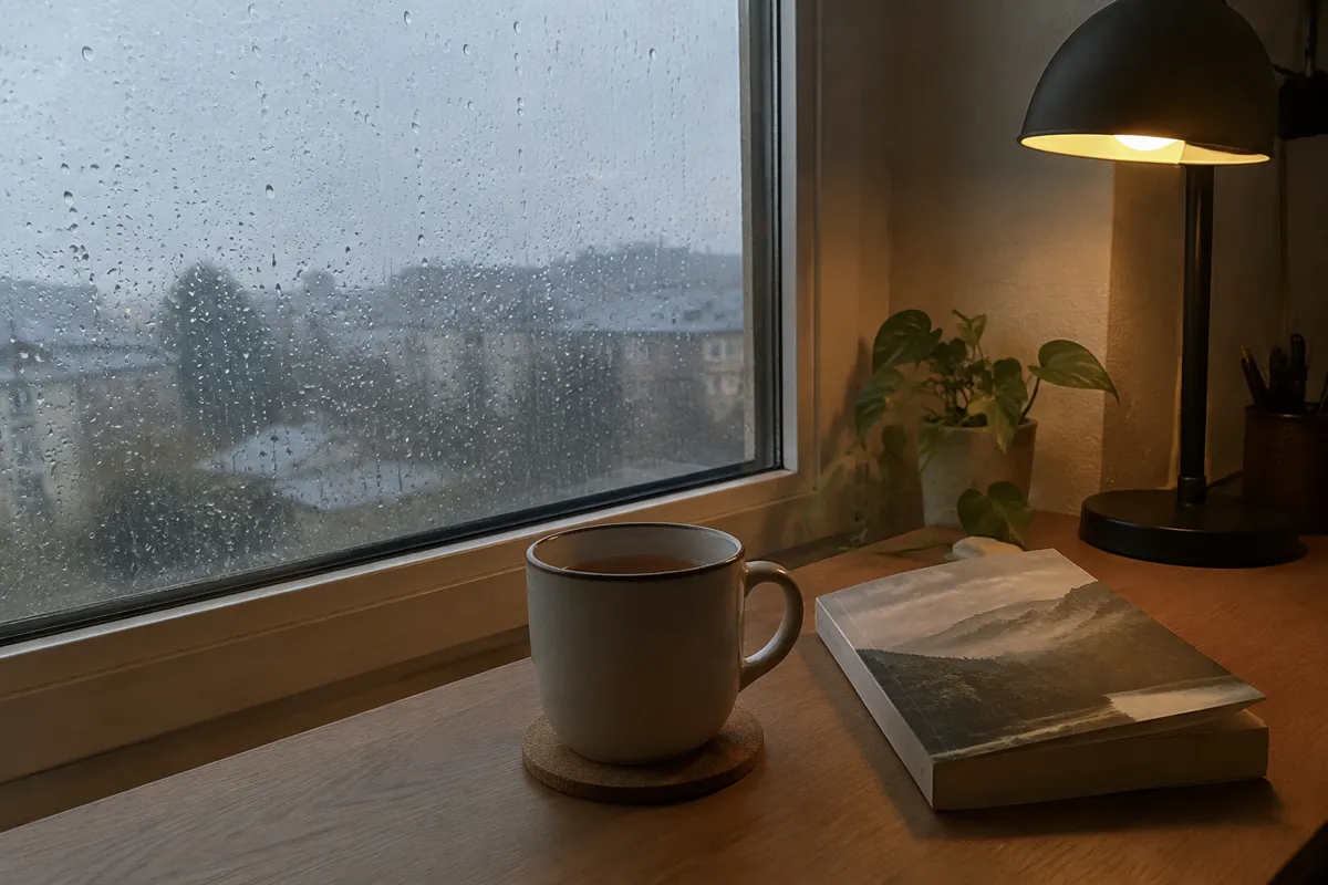 a rainy window by a desk lamp with a mug of tea and a paperback book, grey light