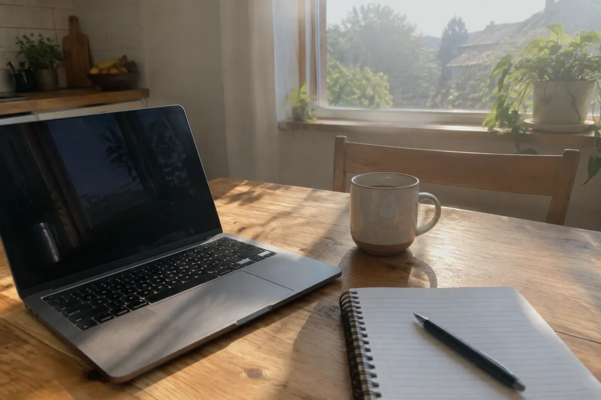 a sunlit kitchen table with a laptop, a notebook and a mug, morning light