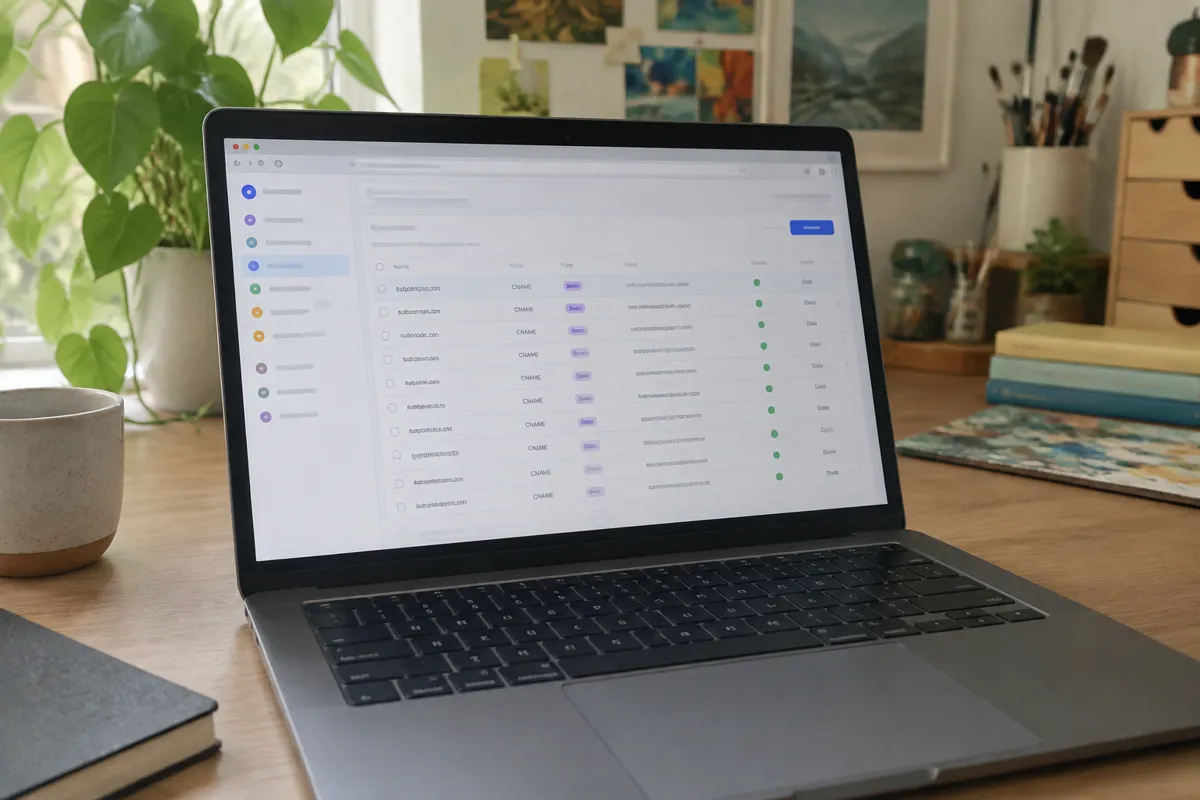 a hand holding a phone photographing a laptop showing a DNS records table with a list of subdomain CNAME rows in a colourful domain manager,