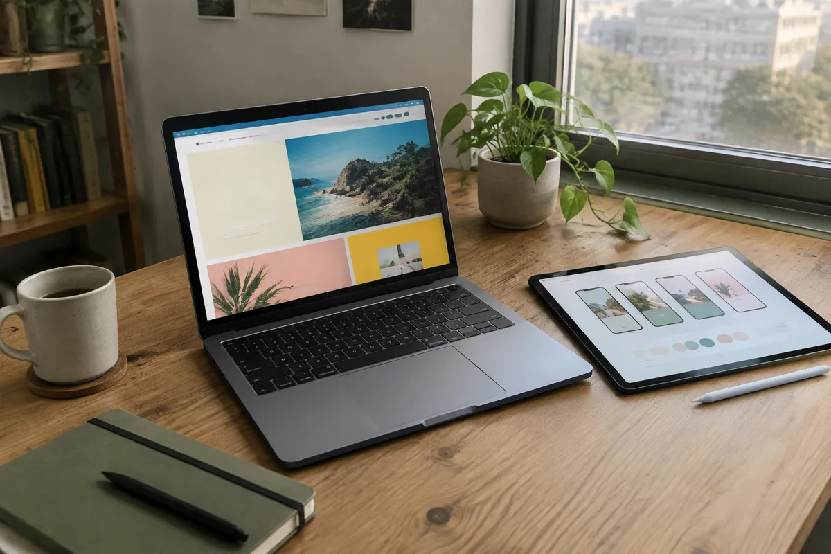 a designer's desk with a laptop showing a colourful website, a tablet with a mockup beside it and a small plant, warm daylight