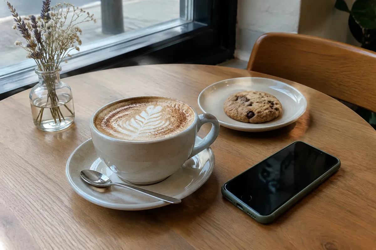 a cafe table with a cappuccino, a small plate with a cookie and a phone, soft window light