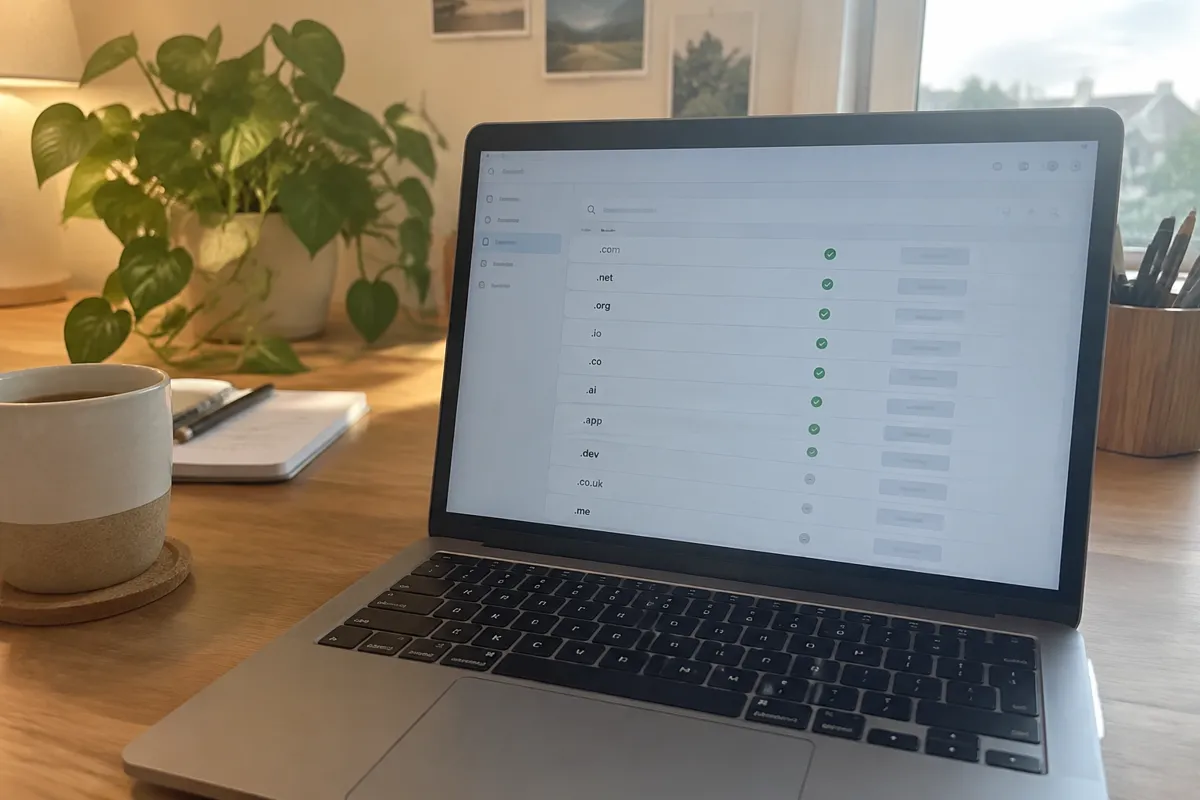a phone held up photographing a laptop showing a domain search screen with a list of domain endings and availability ticks, bright warm home