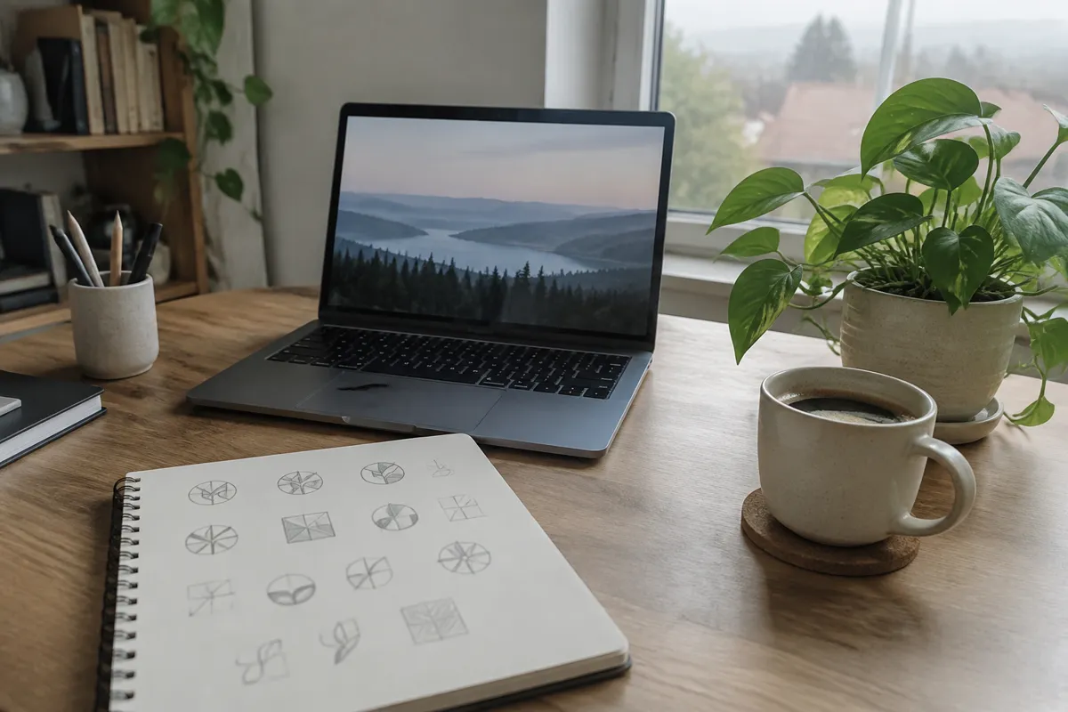 a tidy home studio desk with a laptop, a sketchbook of logo ideas, a pot plant and a coffee cup