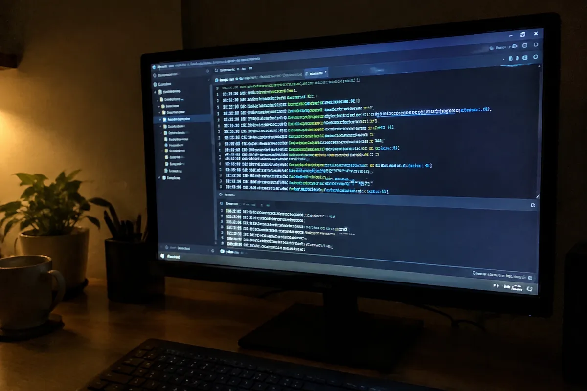 a hand holding a phone photographing a server terminal on a monitor with a few lines of log output scrolling, dim home office at night