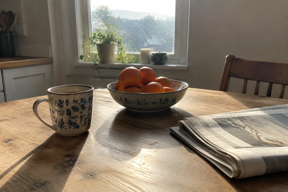 a sunlit kitchen table with a mug, a bowl of oranges and a folded newspaper, bright morning