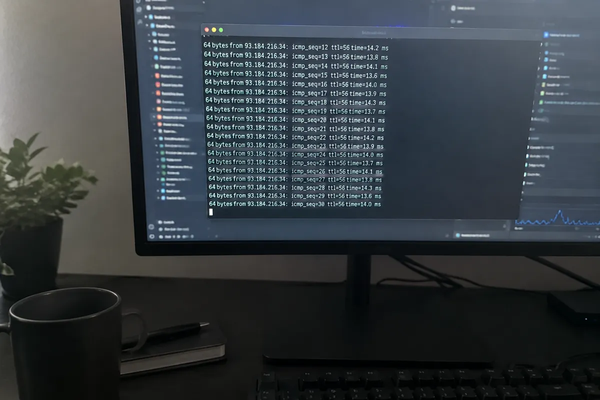a phone held up toward a monitor showing a terminal window with lines of network output and numeric addresses, dark techy desk