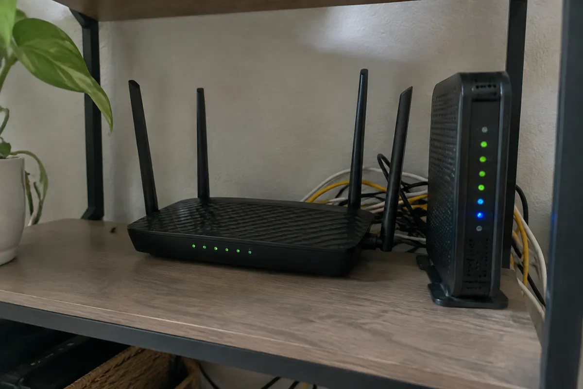 a home router with antennas on a shelf beside a modem with blinking LEDs and a tangle of cables