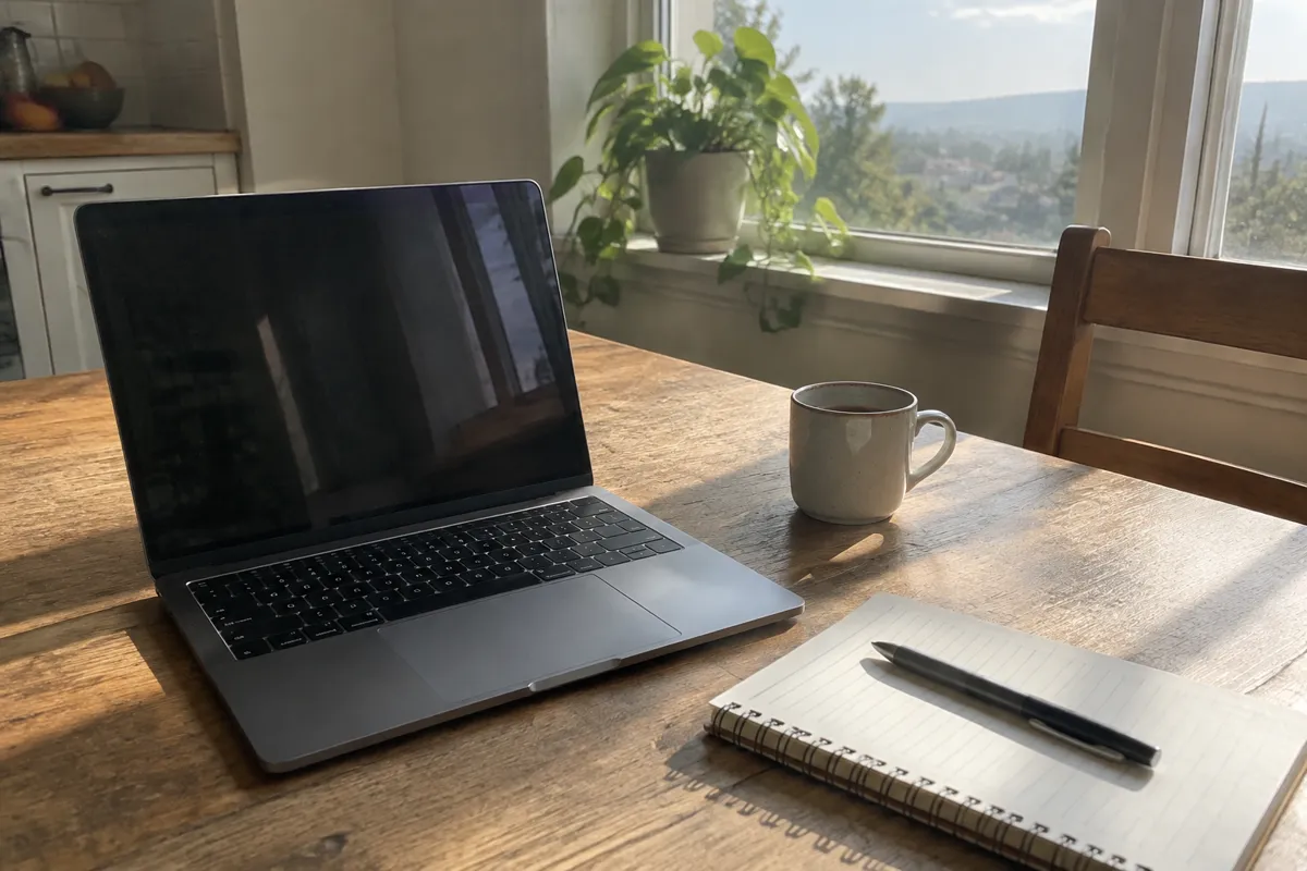 a sunlit kitchen table with a laptop, a notebook and a coffee cup beside a window
