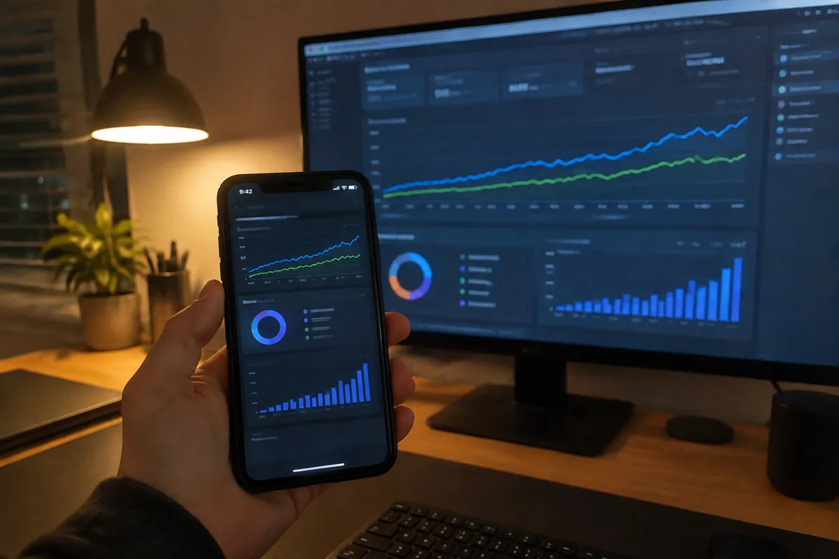 a hand holding an iPhone up to a monitor at night in a techy home office, the monitor showing an uptime and traffic graph with rising lines,