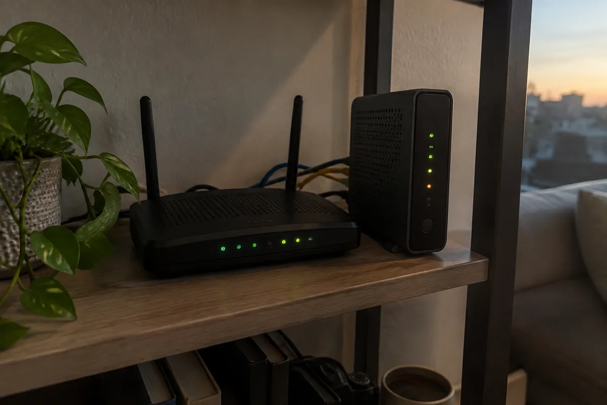 a router and a modem on a shelf with blinking LEDs and a few ethernet cables, a small plant nearby, evening light
