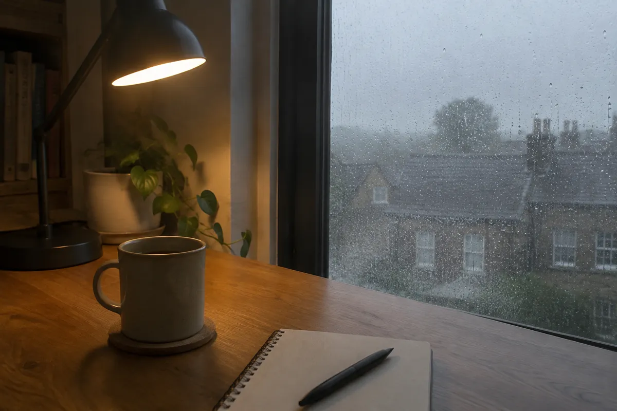 a rainy window by a desk lamp, a mug and a notebook on a wooden desk, grey light