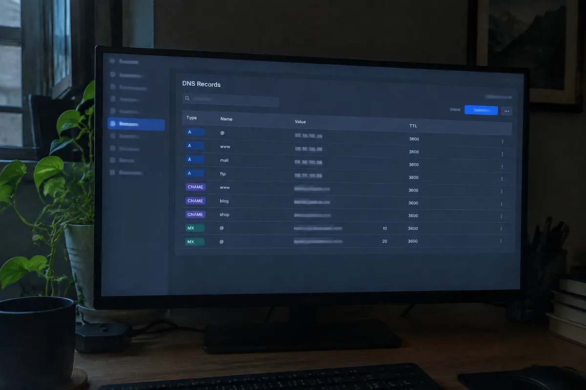 a phone held up photographing a monitor showing a DNS records table with A, CNAME and MX rows in a dark home office