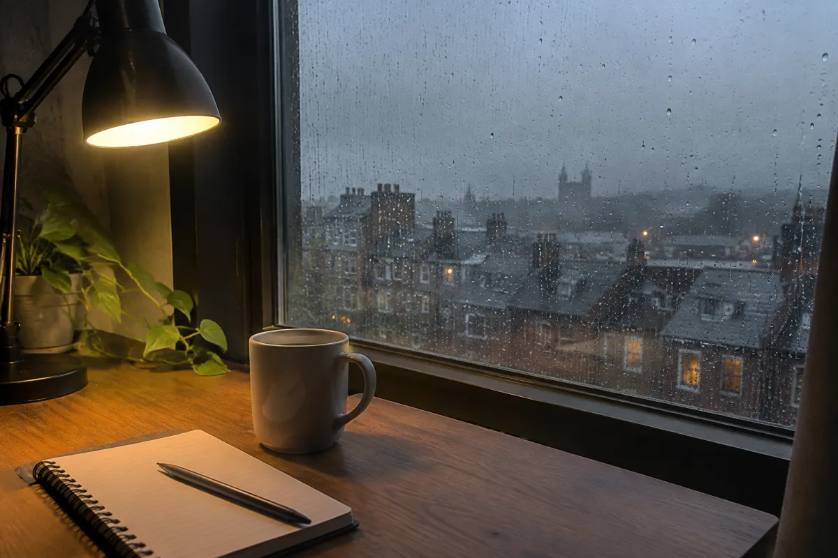 a rainy window by a desk lamp with a notebook and a mug, grey evening mood