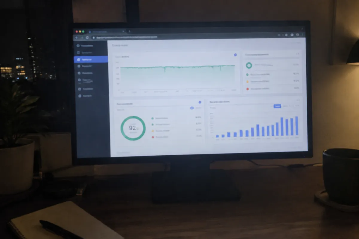 a phone held up photographing a monitor showing a web server dashboard with an uptime graph and a page speed result chart, night time desk, 