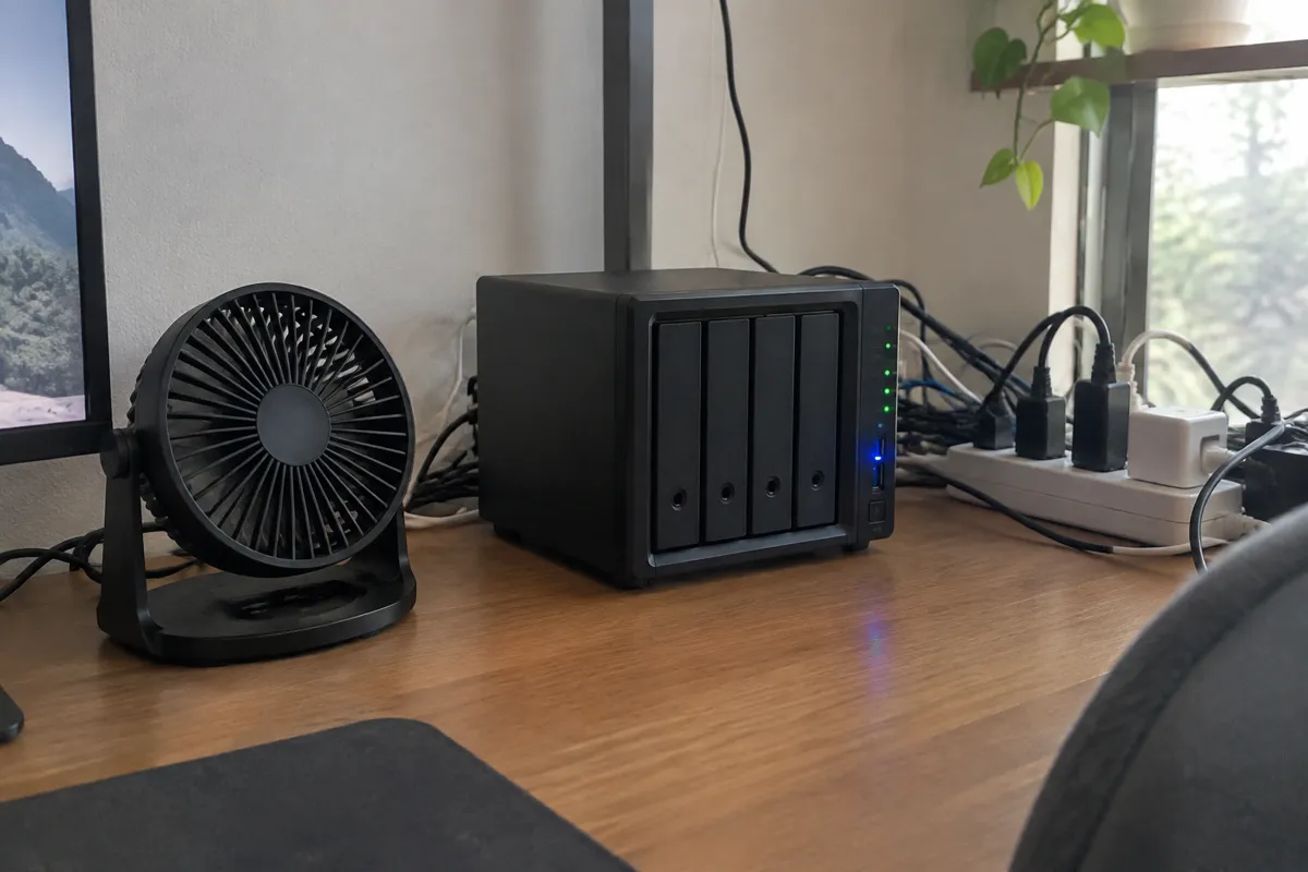 a mini home server with blinking LEDs on a desk beside a small desk fan and a tangle of power cables