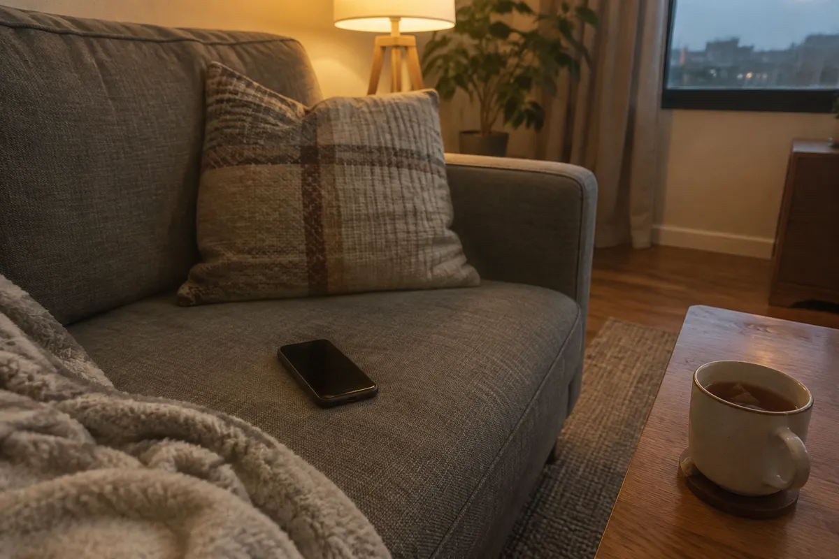 a sofa with a smartphone and a mug of tea, warm lamp light in the evening
