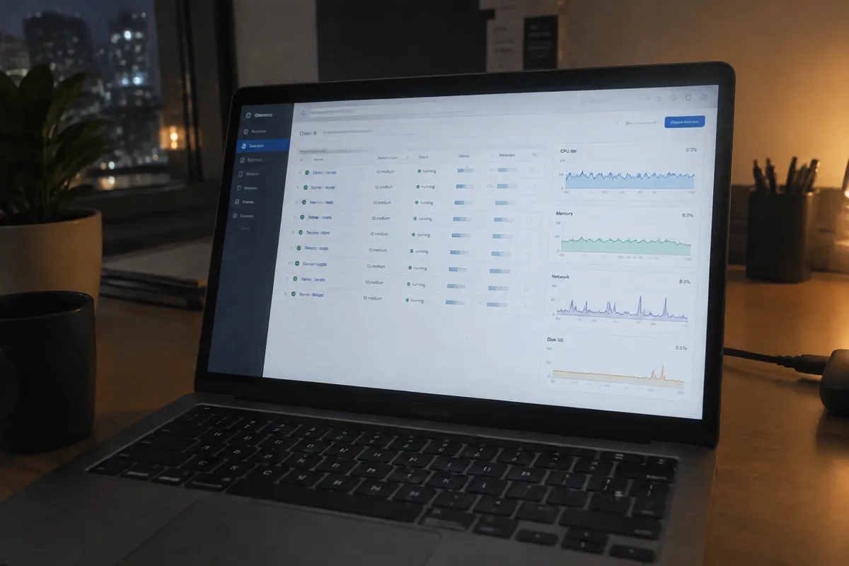 a hand holding a phone photographing a laptop showing a cloud console with a list of virtual servers and resource graphs, techy desk at nigh