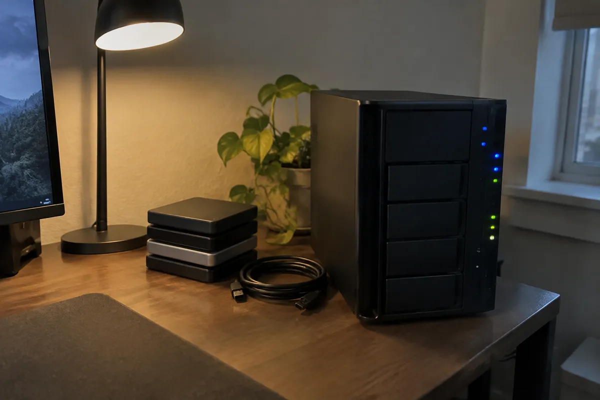 a mini home server tower with blinking LEDs beside a stack of external drives and a coiled cable, dim desk lamp