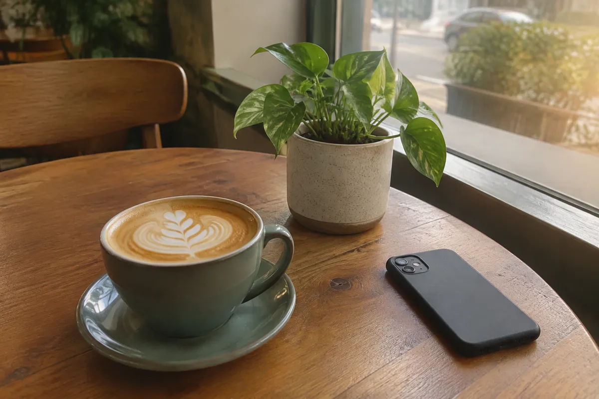 a cafe table with a latte, a small plant in a pot and a phone face down, warm window light