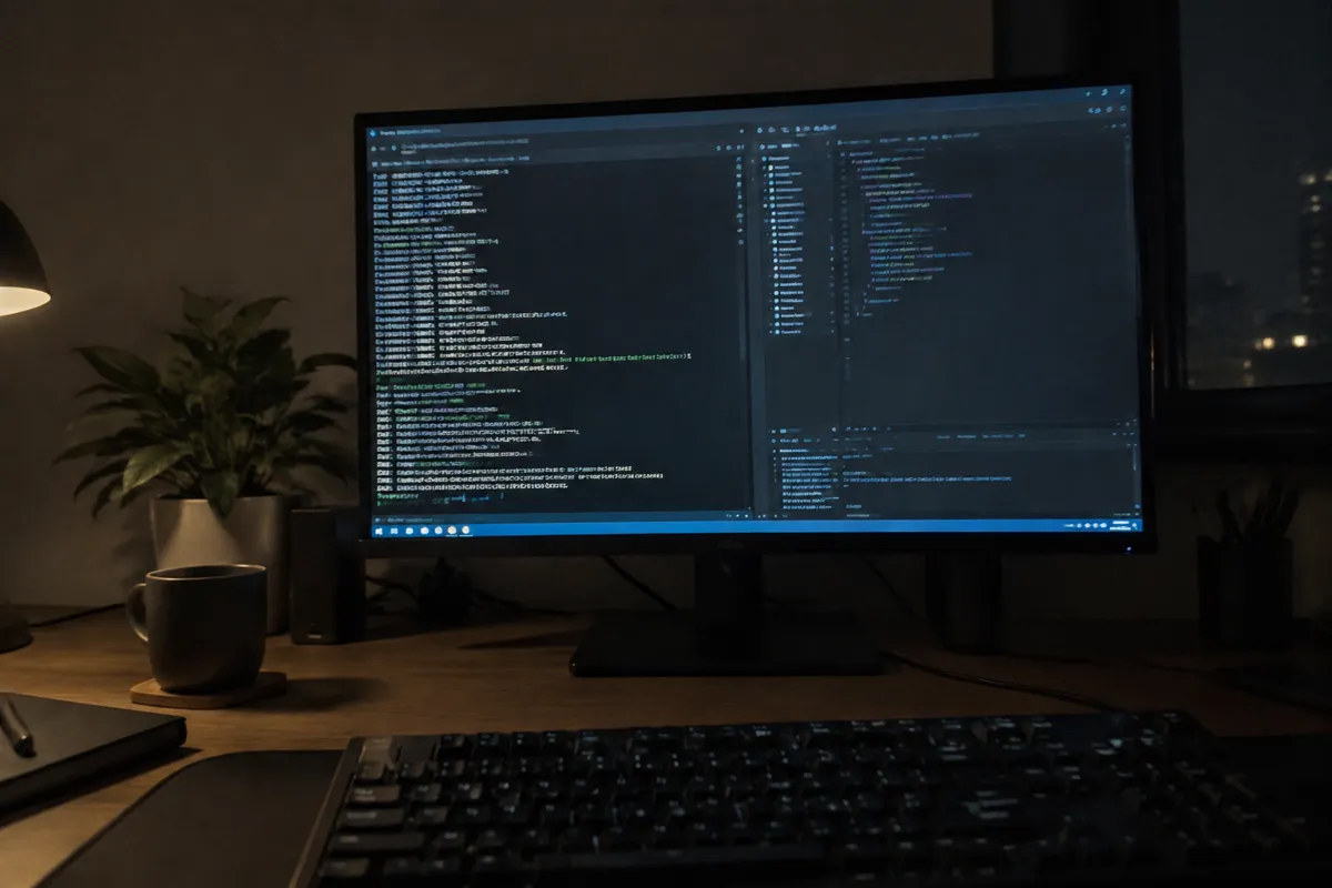 a phone held up photographing a monitor showing a dark terminal window with a command prompt and scrolling lines, a keyboard in the foregrou
