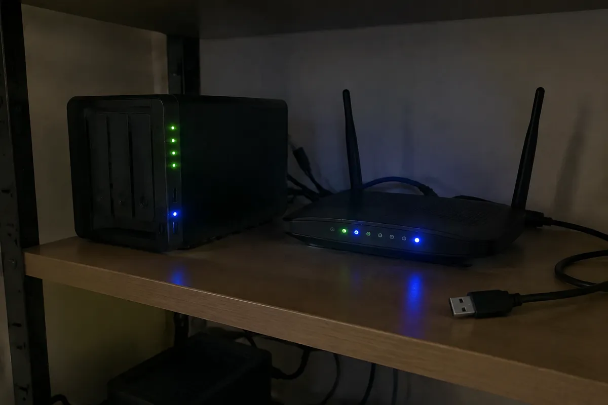 a mini home server with blinking LEDs, a router and a USB cable on a shelf, glowing in a dark room