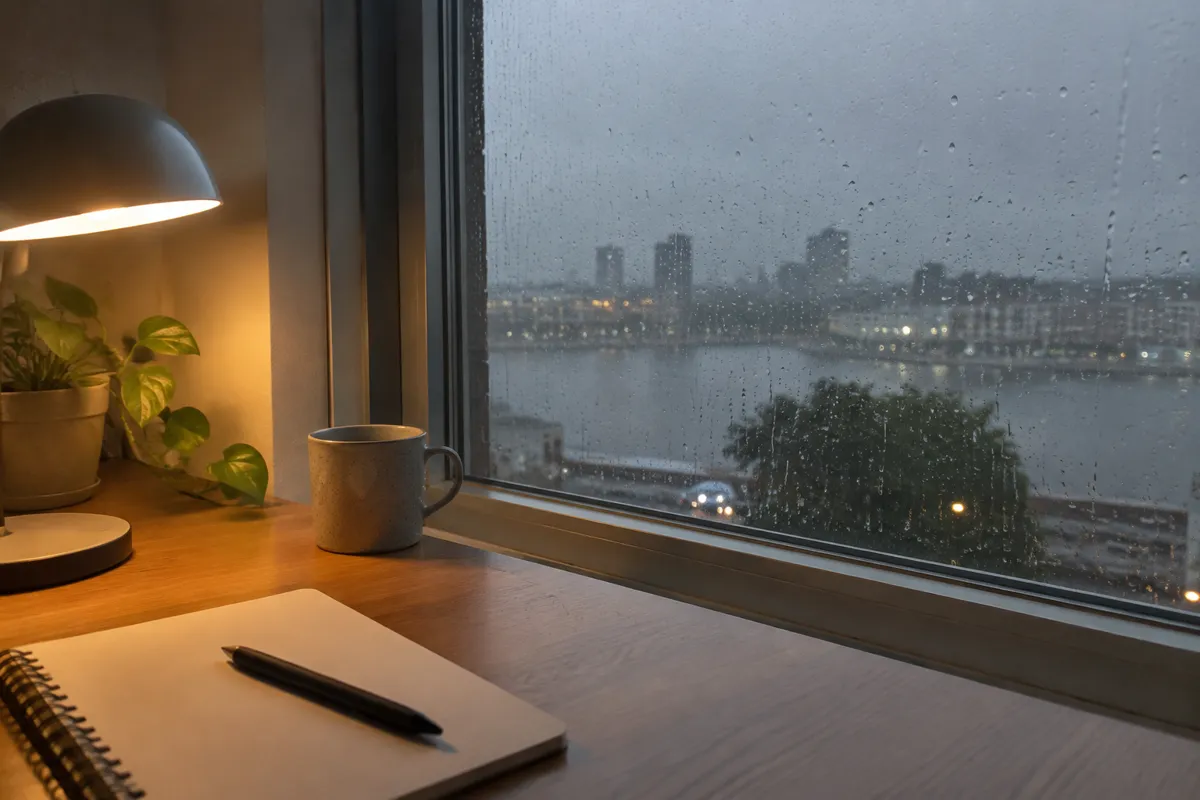 a rainy window by a desk lamp with a notebook and a pen, grey calm evening light