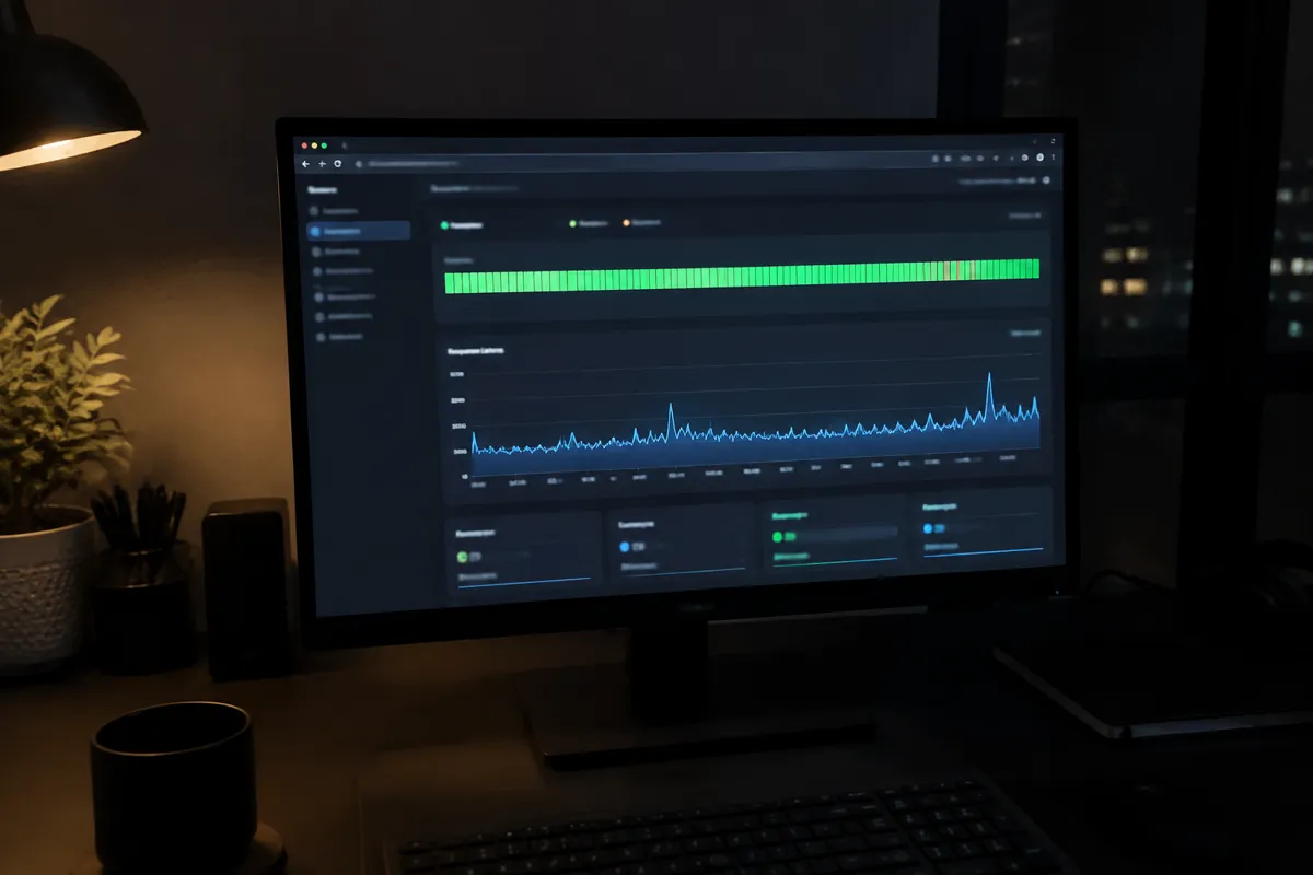 a hand holding a phone photographing a monitor showing an uptime monitor graph with a mostly green status timeline and response time chart, 