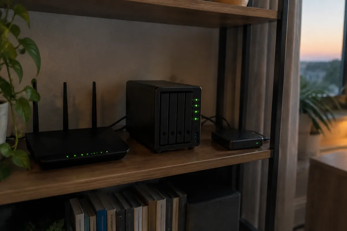 a mini home server with blinking green LEDs on a shelf next to a router and an external drive, evening light