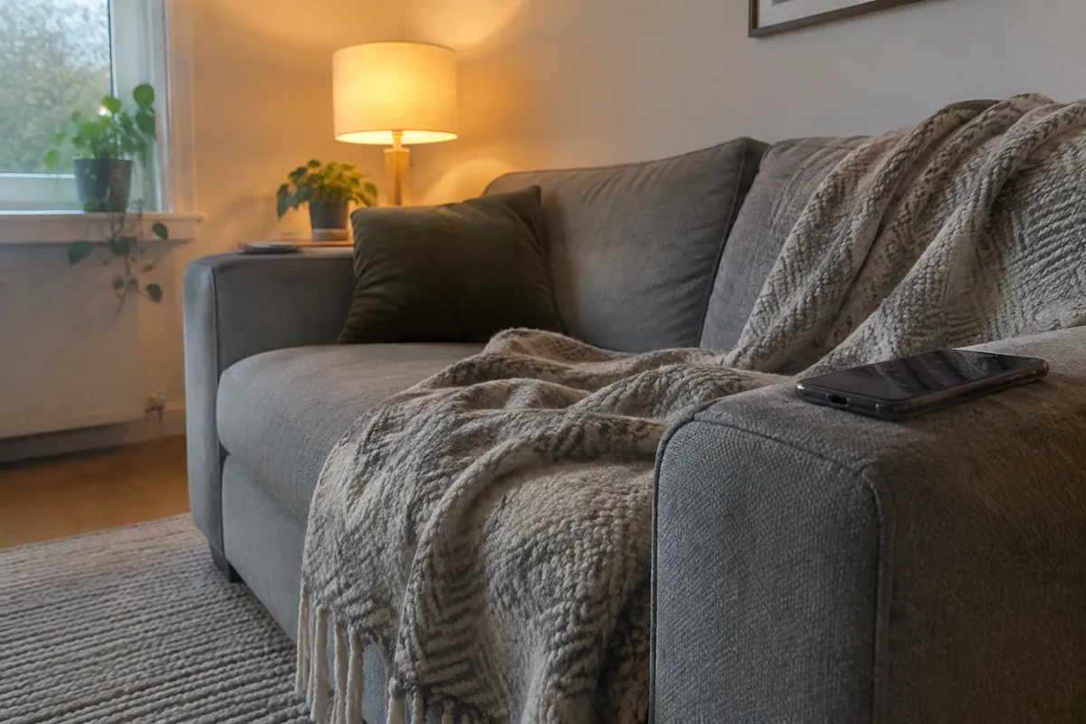 a sofa with a phone on the armrest and a blanket, a lamp glowing softly in the background