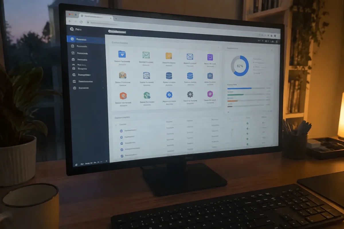 a phone held up photographing a monitor showing a hosting control panel with a grid of icons and a disk usage meter, techy home office in th
