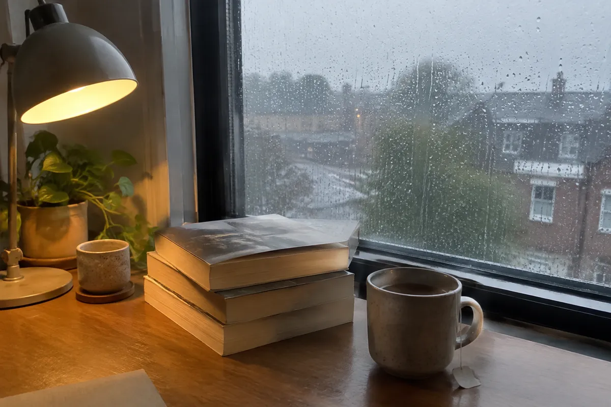 a rainy window with a desk lamp, a mug of tea and a stack of paperback books