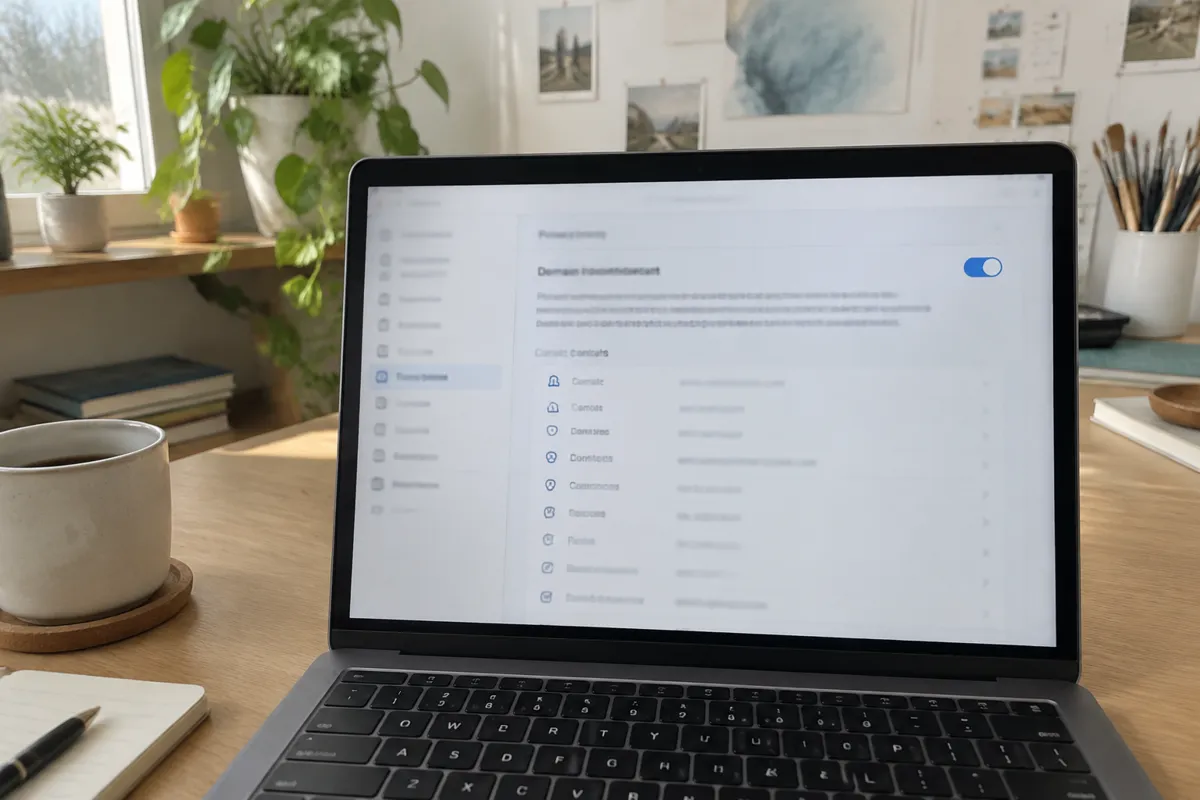a hand holding a phone photographing a laptop showing a domain settings page with a privacy toggle switch and a list of contact fields blurr