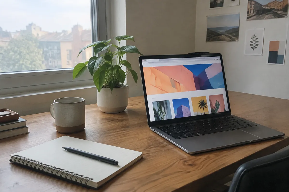 a designer's desk with a laptop showing a colourful website, a notepad and a small plant in warm daylight