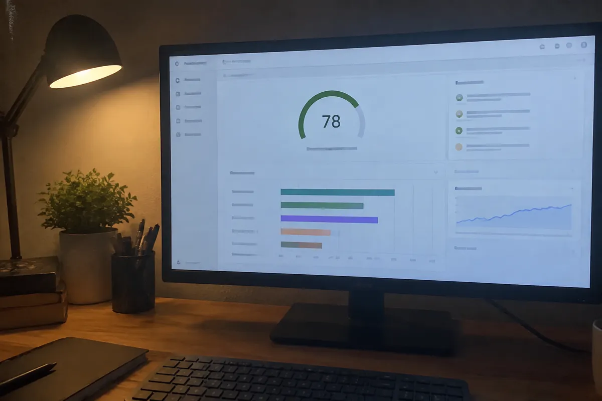 a phone held up toward a monitor showing a page-speed result with a gauge and a loading-time bar chart, techy desk with a desk lamp at night