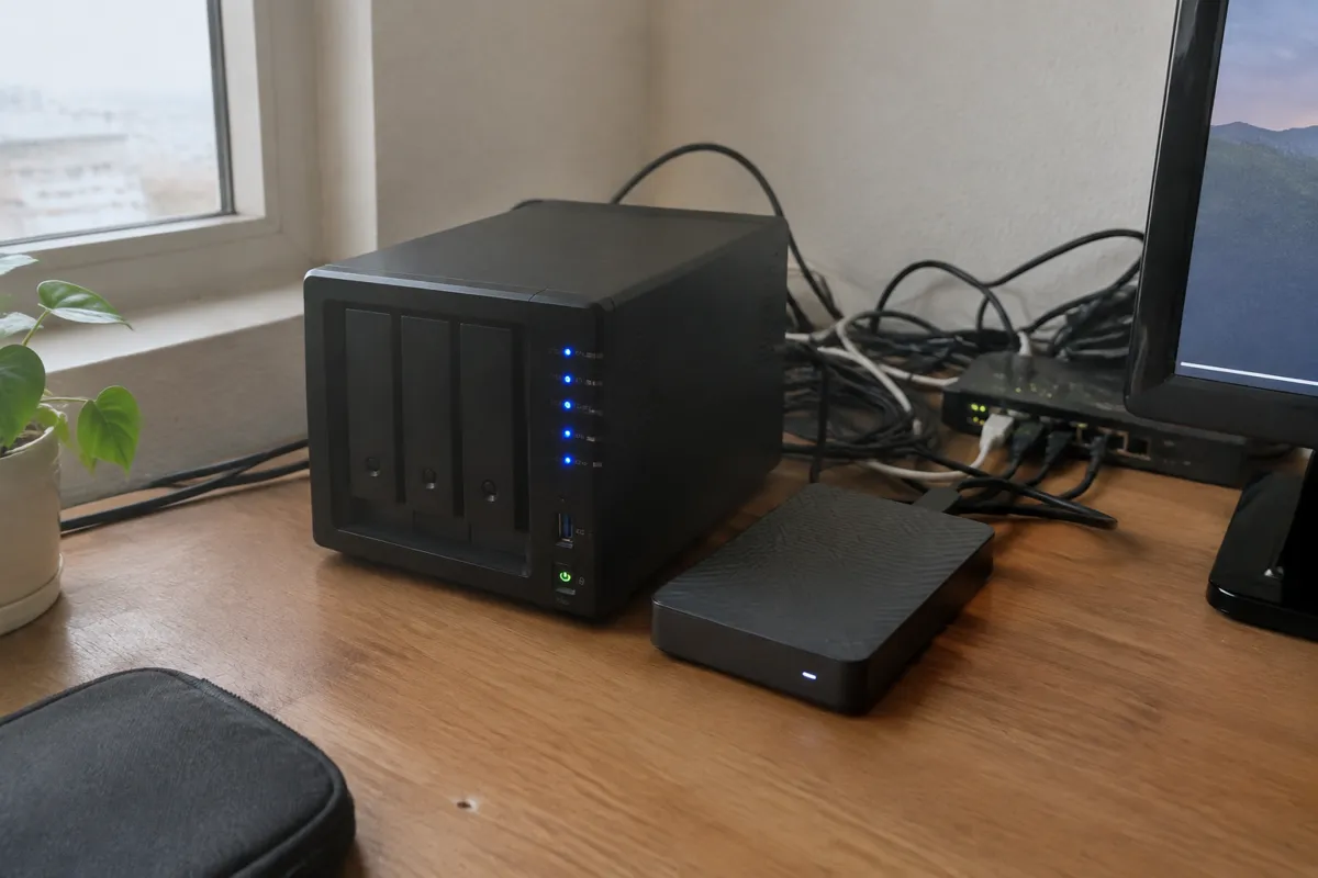 a mini home server with blinking LEDs beside an external drive and a tangle of cables on a desk
