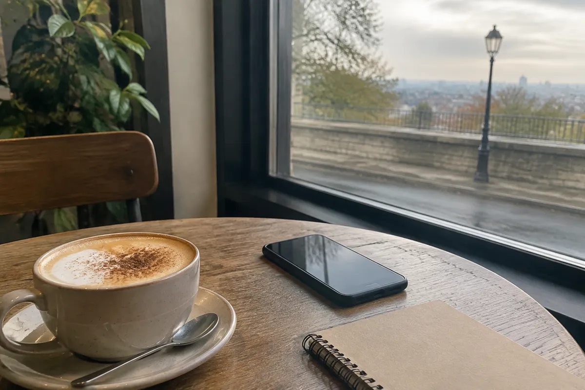 a cafe table with a cappuccino, a phone and a small notebook near a window with soft light
