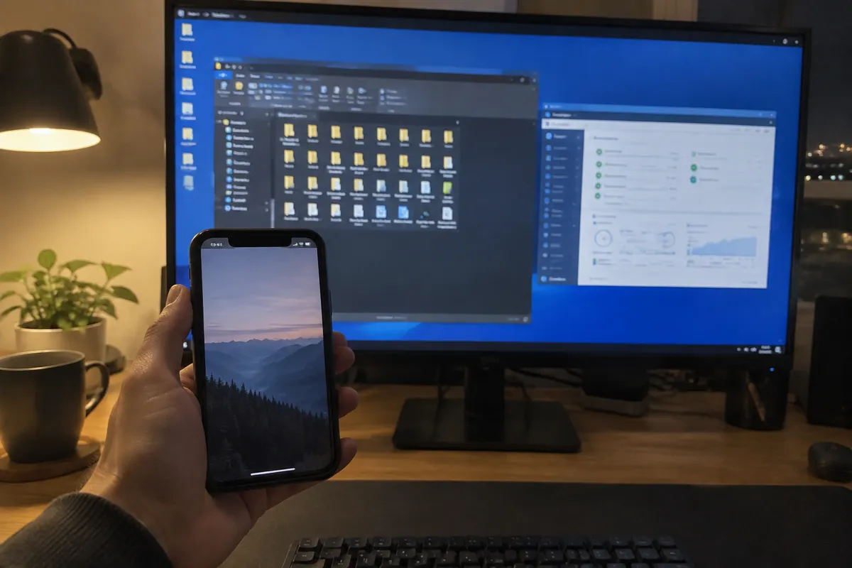 a hand holding an iPhone up to a monitor in a techy home office at night, the monitor showing a server desktop remote session with a grid of