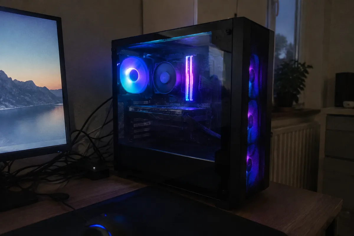 a desktop tower with a glass side panel lit by LEDs on a desk beside a monitor and a tangle of cables, dim evening room