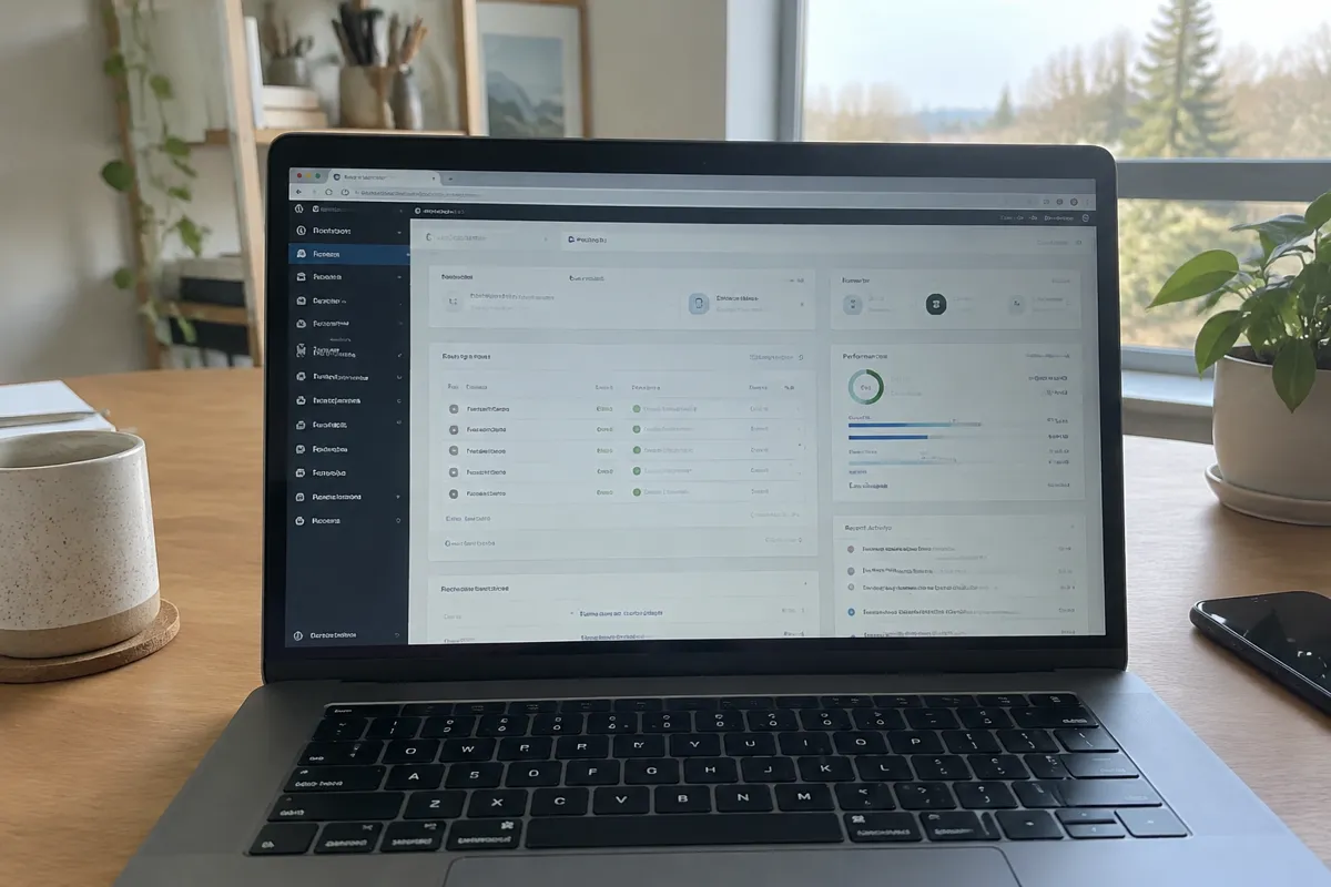 a phone held up photographing a laptop in a bright home studio, the screen showing a WordPress admin dashboard with a left menu and a manage