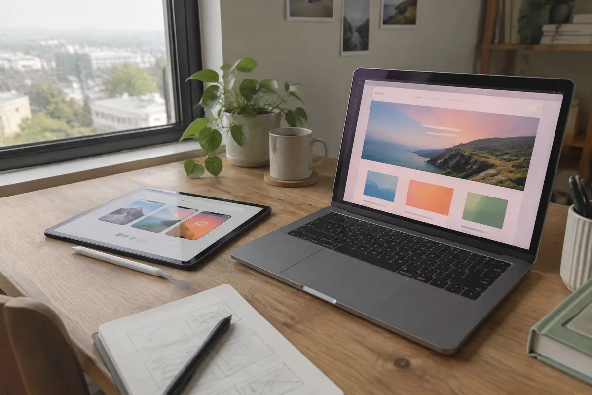 a designer's desk with a laptop showing a colourful website layout, a tablet with a mockup, and a small plant, warm daylight
