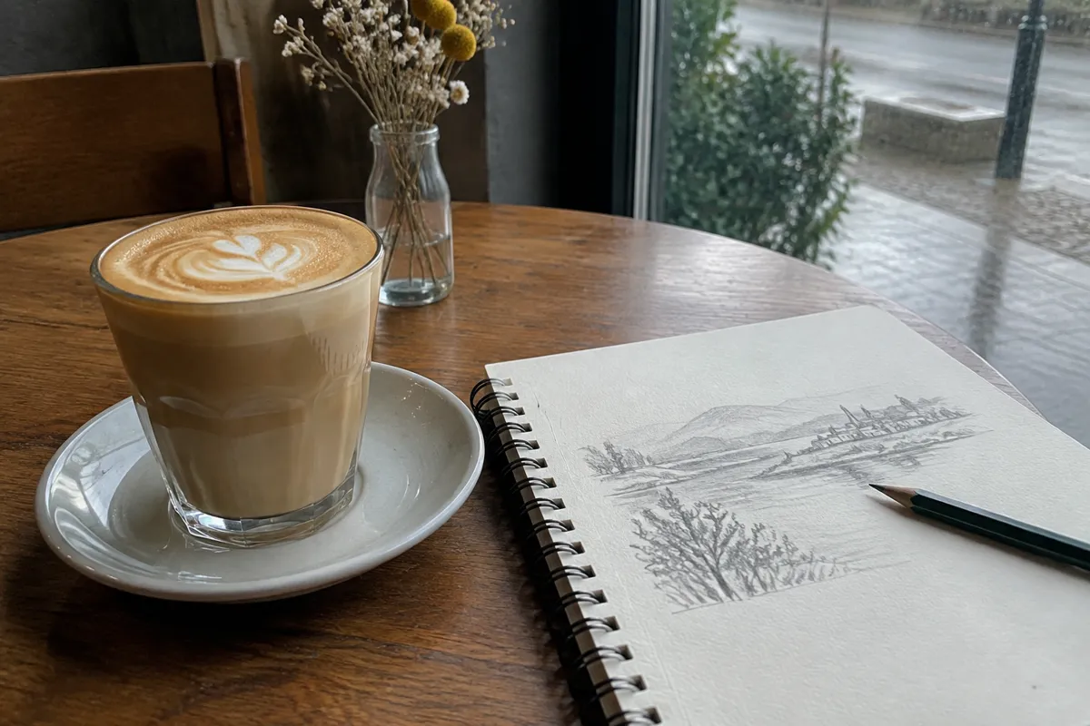 a cafe table with a latte in a glass and a sketchbook beside it, window light