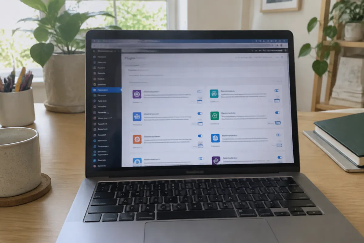 a phone held up photographing a laptop showing a WordPress admin dashboard with a colourful sidebar and plugins screen, bright home studio, 
