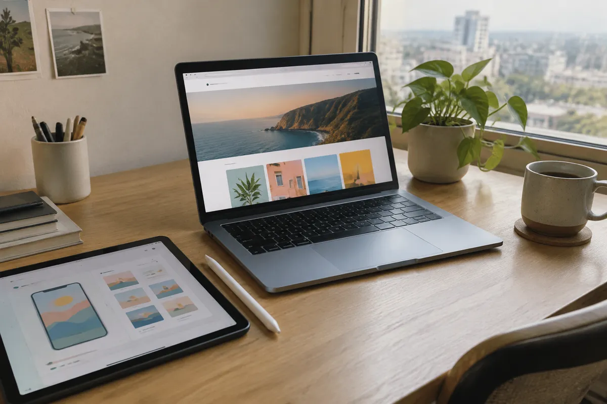 a designer's desk with a laptop showing a colourful website, a tablet with a mockup, a small plant and a mug in warm daylight