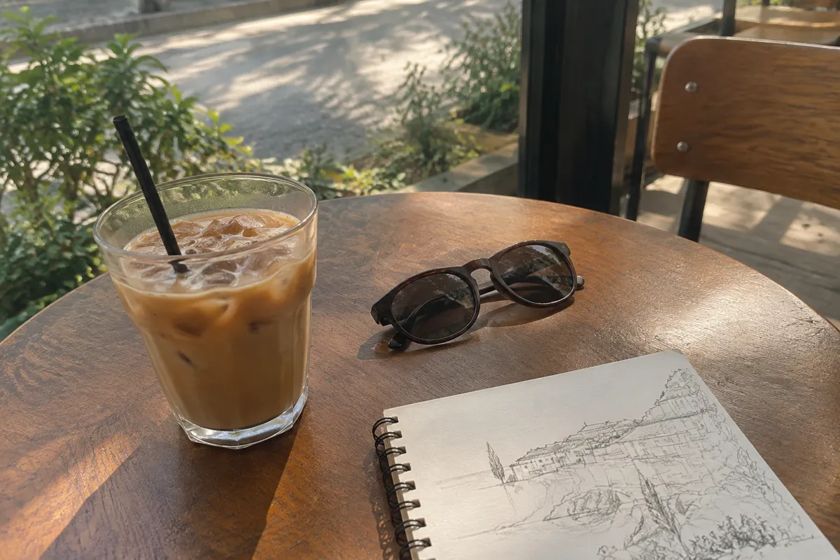 a cafe table with an iced coffee, a sketchbook and a pair of sunglasses, bright warm light