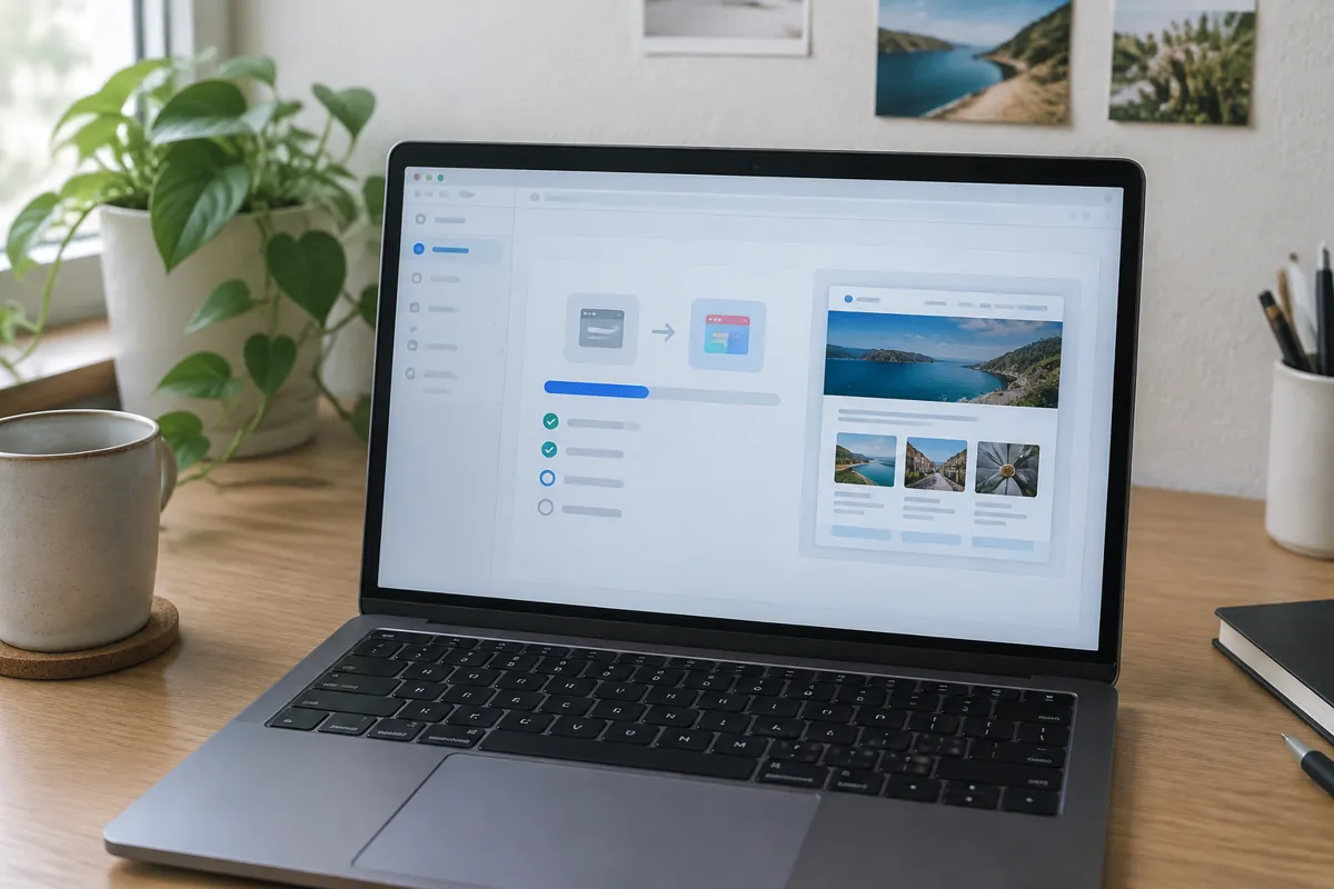 a hand holding a phone photographing a laptop showing a website migration tool with a progress bar and a colourful site preview, bright home