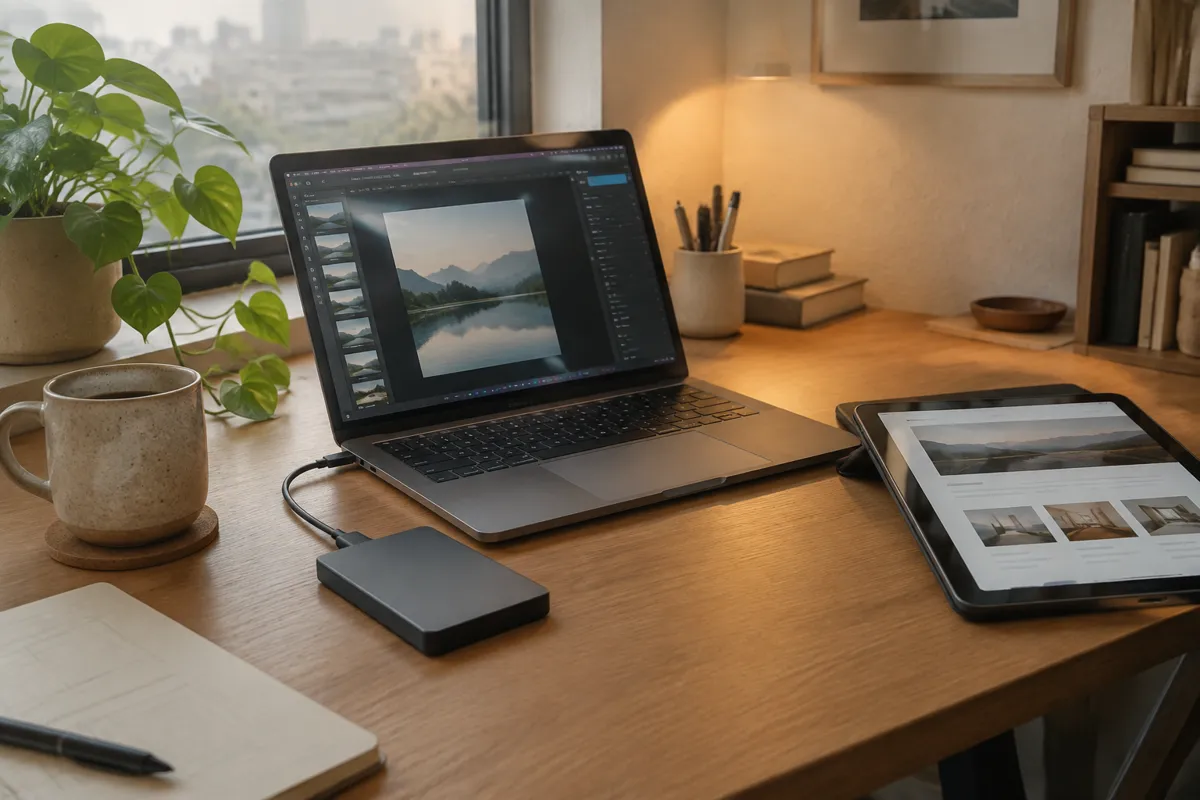 a laptop on a designer's desk next to an external drive and a tablet showing a site mockup, a plant and a mug, warm light