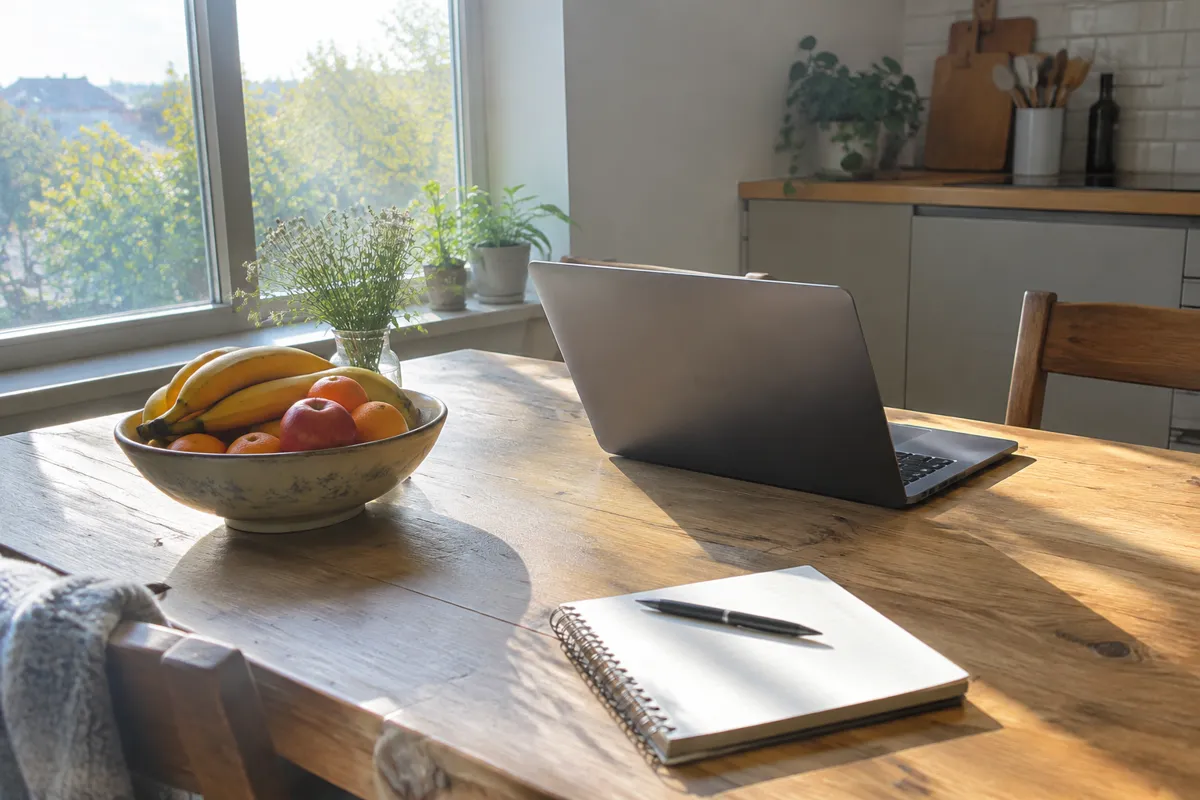 a sunlit kitchen table with a laptop, a bowl of fruit and a notebook, bright morning